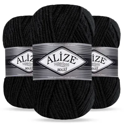 Упаковка Alize Superlana maxi, Чорний №60, 3шт, напіввовняна пряжа