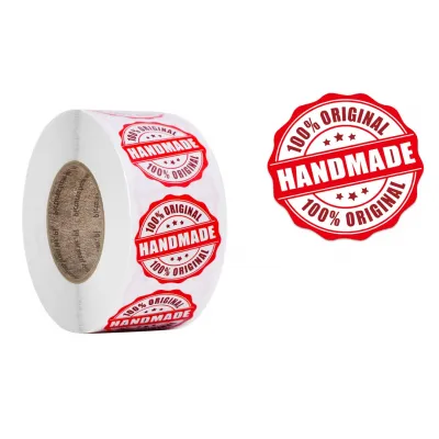 Наклейки (этикетки) рулонные "Handmade 100% original" 301, белые, 2.5 см, 500шт/рулон