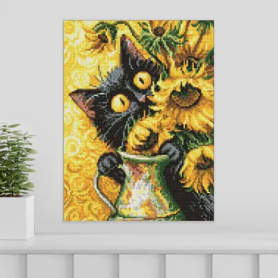 Алмазная мозайка 30*40 "Кот и подсолнухи" №20339, Идейка