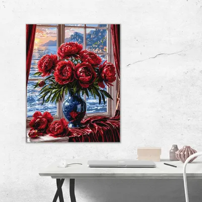 Картины по номерам 40*50 "Красные цветы в вазе" №3393, Идейка