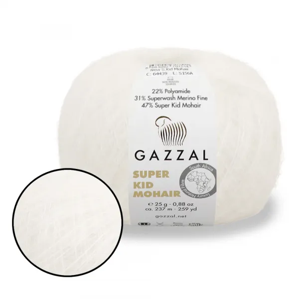 Gazzal Super Kid Mohair, Білий №64439, пряжа для павутинки з мохера – купити | Candy Yarn